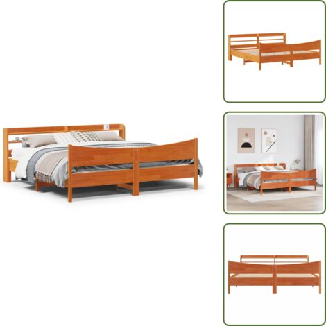 Madera de pino - vidaXL Estructura cama con cabecero madera pino marrón cera 200x200 cm - Estantes de almacenamiento