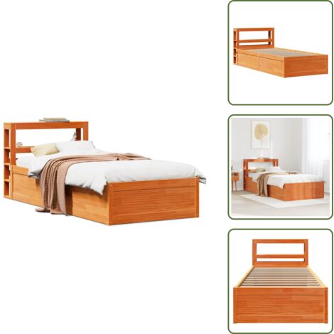 Madera de pino - vidaXL Estructura cama con cabecero madera pino marrón cera 75x190 cm - Estantes de almacenamiento