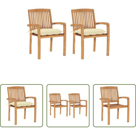 Madera de teca -  Sillas de jardín 2 uds madera de teca con cojines blanco crema