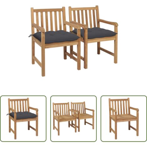 Madera de teca -  Sillas de jardín 2 uds madera de teca y cojines gris antracita