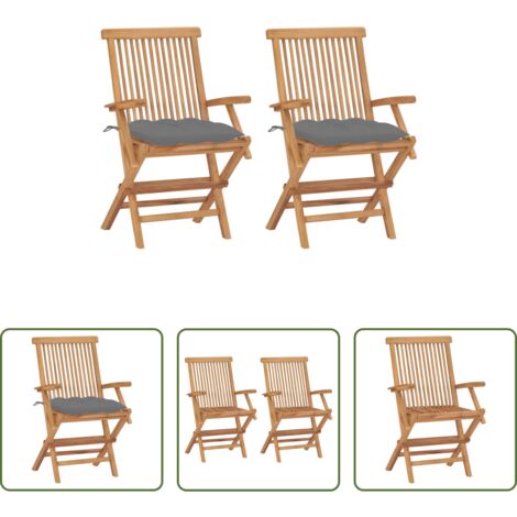 Madera de teca -  Sillas de jardín 2 uds madera teca con cojines grises