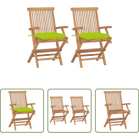 Madera de teca -  Sillas de jardín 2 uds madera teca con cojines verde brillante