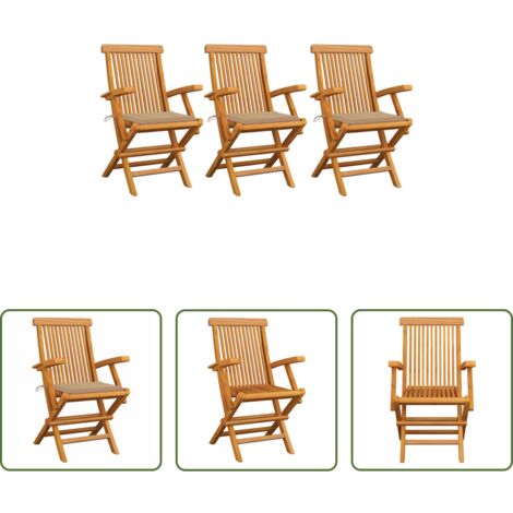 Madera de teca - Sillas de jardín 3 uds madera maciza de teca con cojines beige