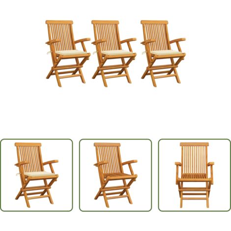 Madera de teca -  Sillas de jardín 3 uds madera teca con cojines color crema