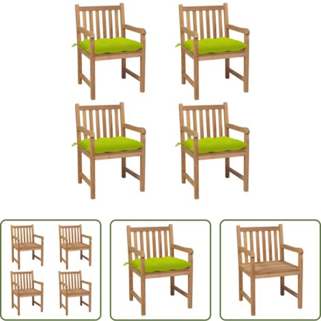 Madera de teca -  Sillas de jardín 4 uds madera de teca y cojines verde brillante