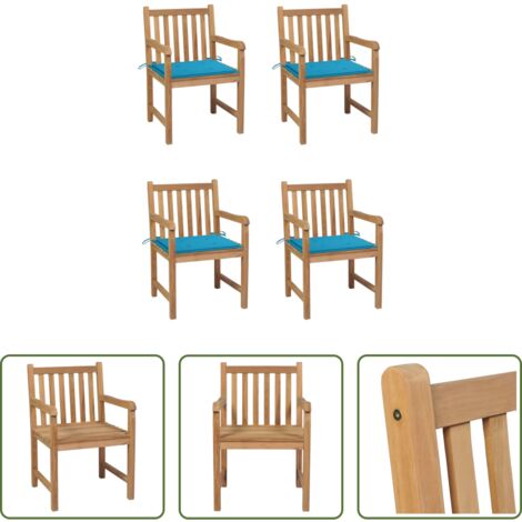 Madera de teca -  Sillas de jardín 4 uds madera maciza de teca con cojines azules