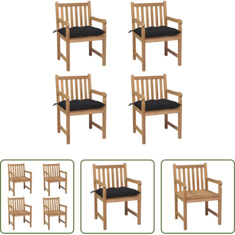 Madera de teca -  Sillas de jardín 4 uds madera maciza de teca con cojines negros