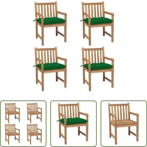 Madera de teca -  Sillas de jardín 4 uds madera maciza de teca con cojines verdes