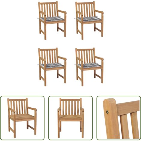 Madera de teca -  Sillas de jardín 4 uds madera maciza teca cojines cuadros gris