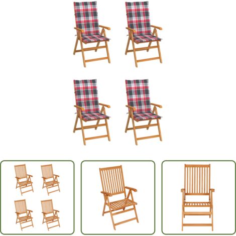 Madera de teca -  Sillas de jardín 4 uds madera maciza teca cojines cuadros rojos