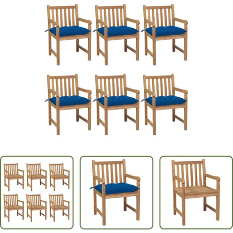 Madera de teca -  Sillas de jardín 6 uds madera maciza de teca cojines azul