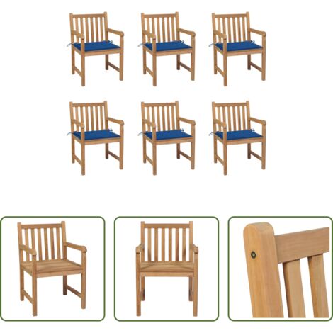 Madera de teca -  Sillas de jardín 6 uds madera maciza de teca cojines azul royal