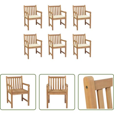 Madera de teca -  Sillas de jardín 6 uds madera maciza de teca cojines crema