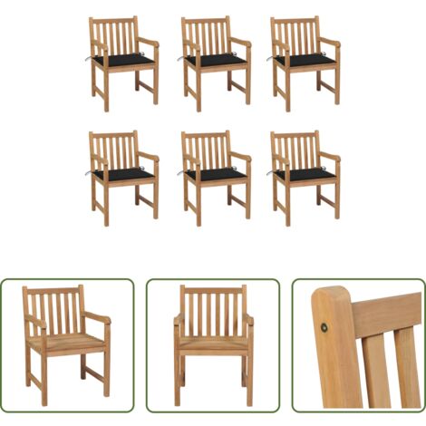Madera de teca -  Sillas de jardín 6 uds madera maciza de teca cojines negro