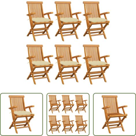 Madera de teca -  Sillas de jardín 6 uds madera teca con cojines crema blanco