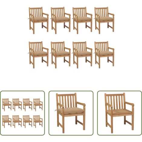 Madera de teca -  Sillas de jardín 8 uds madera maciza de teca cojines beige