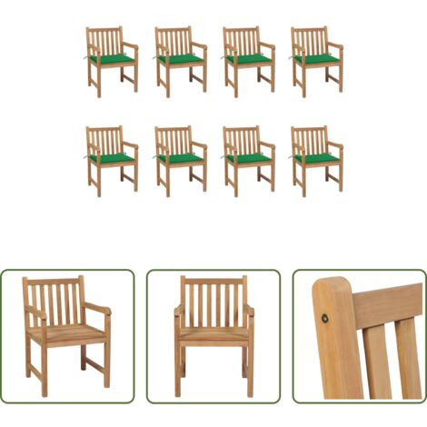 Madera de teca -  Sillas de jardín 8 uds madera maciza de teca cojines verde