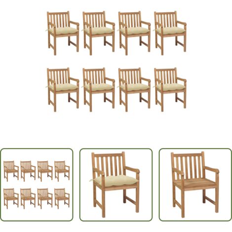 Madera de teca -  Sillas de jardín 8 uds madera maciza teca cojines crema blanca