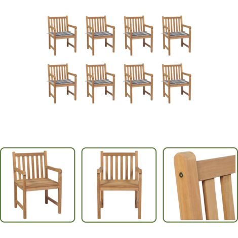 Madera de teca -  Sillas de jardín 8 uds madera maciza teca cojines cuadros gris