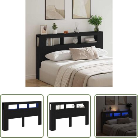 Madera elaborada -  Cabecero LED con estante Roble Negro 180 x 18,5 x 103,5 cm