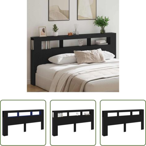 Madera elaborada -  Cabecero LED con estante Roble Negro 220 x 18,5 x 103,5 cm