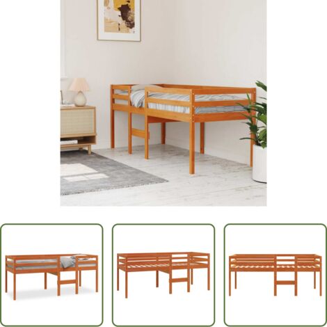 Madera maciza -  Cama alta madera maciza de pino marrón cera 80x200 cm