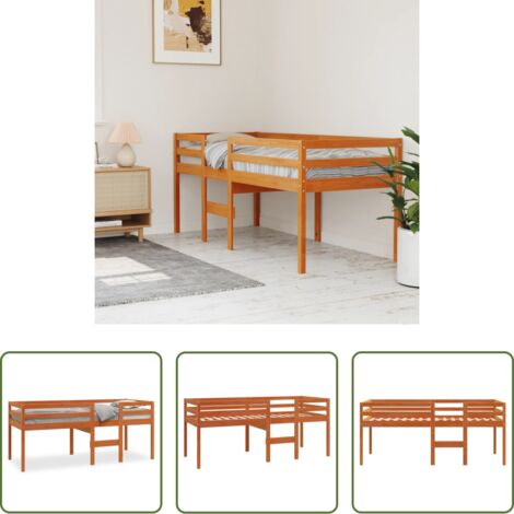 Madera maciza -  Cama alta madera maciza de pino marrón cera 90x190 cm