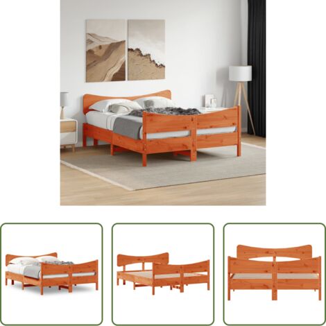 Madera maciza -  Cama sin colchón madera maciza de pino marrón cera 140x190 cm