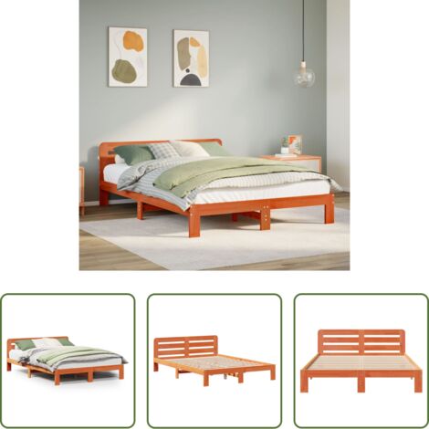 Madera maciza -  Cama sin colchón madera maciza de pino marrón cera 160x200 cm
