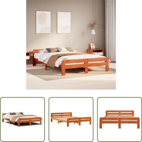 Madera maciza -  Cama sin colchón madera maciza pino marrón cera 150x200 cm