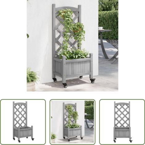 Madera maciza -  Jardinera con enrejado y ruedas madera maciza de abeto gris