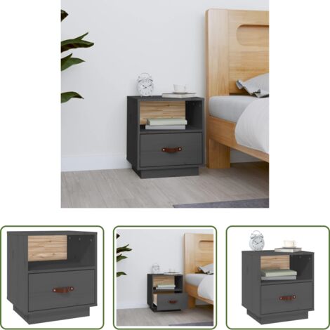 Madera maciza -  Mesita de noche madera maciza de pino gris 40x34x45 cm