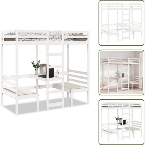 Madera maciza - vidaXL Cama alta escritorio y asientos madera maciza blanco 90x190 cm - Cama con escritorio