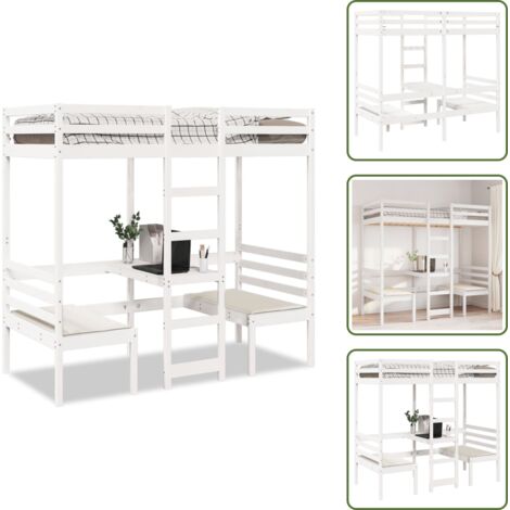 Madera maciza - vidaXL Cama alta escritorio y asientos madera maciza blanco 90x200 cm - Cama con escritorio
