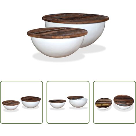 Madera reciclada -  Set mesa de centro forma de bol 2 uds madera reciclada blanco