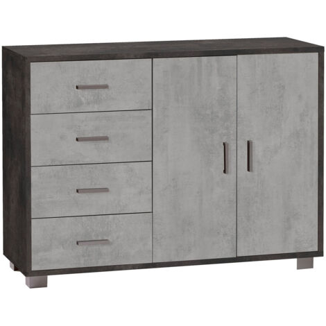 Madia 2 Ante 4 Cassetti 116x86x41 cm Ossido Nero/Cemento