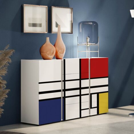 Madia 2 ante battenti e 4 cassetti Gea in Bianco Lucido e Antracite Piet Mondrian