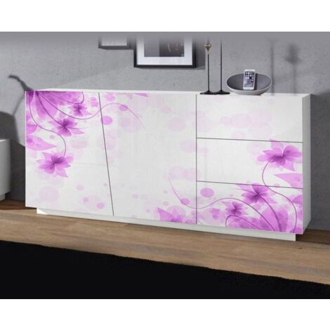 Madia 2 ante e 3 cassetti linea Virgola finitura Bianco Lucido con fiore viola