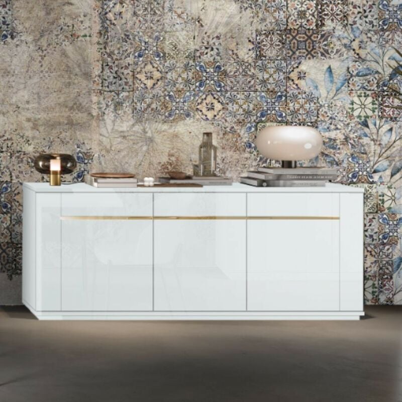 Madia 3 ante bianco lucido laccato con particolari oro Alce 205x49x83h