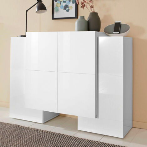 Madia 6 ante per Soggiorno Moderna 130x35/45x100cm - APEX - Colore: bianco laccato lucido
