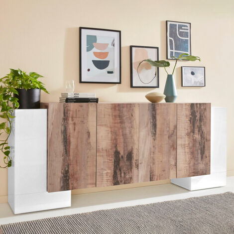 Madia 6 ante per Soggiorno Moderna 210x35/45x85cm - APEX - Colore: bianco laccato/ acero pereira