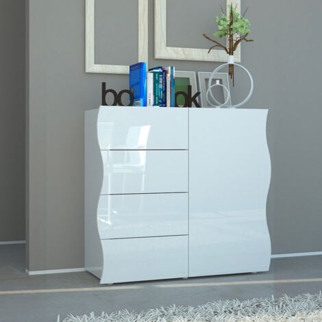 WEB FURNITURE Mobile Onda Bianco Lucido 1 Anta 4 Cassetti - Design Moderno - 81h x 90L x 90P cm