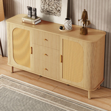Madia con 2 Ante e Cassetti, Frontali in Rattan e Passacavi, per Soggiorno, MDF, Naturale, 140×40×80 cm