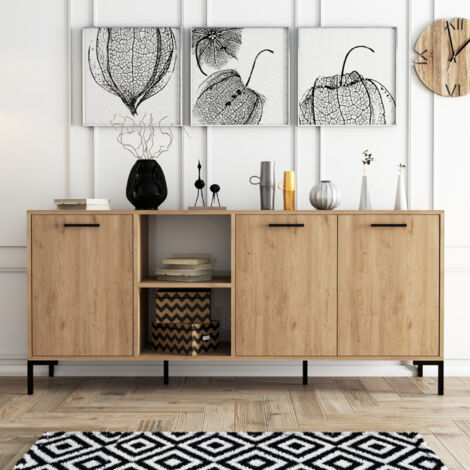Madia con 3 ante e 2 nicchie in legno e finitura metallo nero 180x80cm AURA
