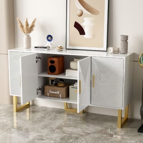 Madia con 4 Ante e Ripiani Regolabili, Frontali Lucidi con Texture, per Soggiorno, MDF, Bianco, 150 x 40 x 82 cm