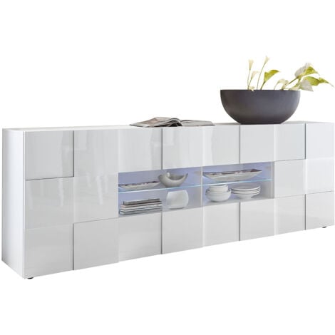 Madia Moderna 2 Ante 4 Cassetti Design a Scacchi Modello Dama 241x43x84 cm Bianco Lucido