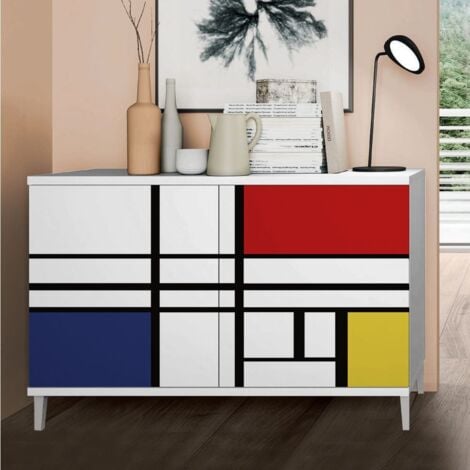 Madia moderna 2 ante Cloe Bianco Opaco con piedini 15 colorazioni con serigrafia "Piet Mondrian"