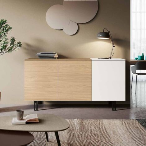 Madia moderna 3 ante Bianco Opaco e Rovere con piedini in metallo verniciato