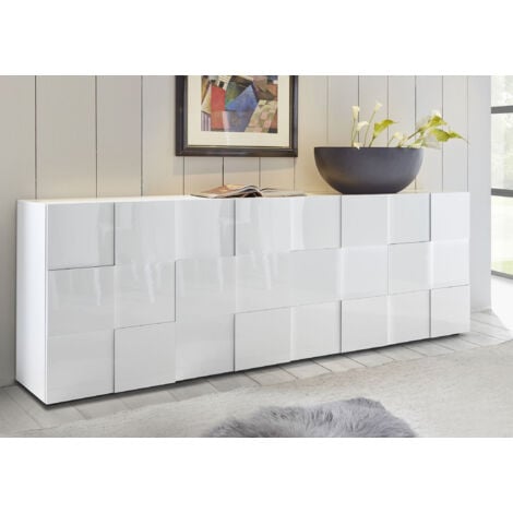 Madia Moderna 4 Ante Design a Scacchi Modello Dama 241x42x84 cm Bianco Lucido