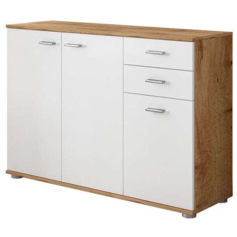 Madia Oslo - Credenza Bianco Perla e Olmo con 3 Ante e 2 Cassetti